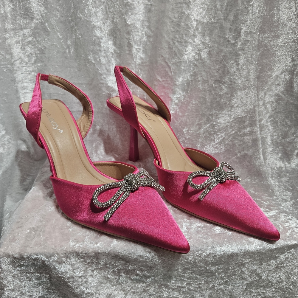 Women's Fuchsia Satin Pointed Slingback Heels with Crystal Bow